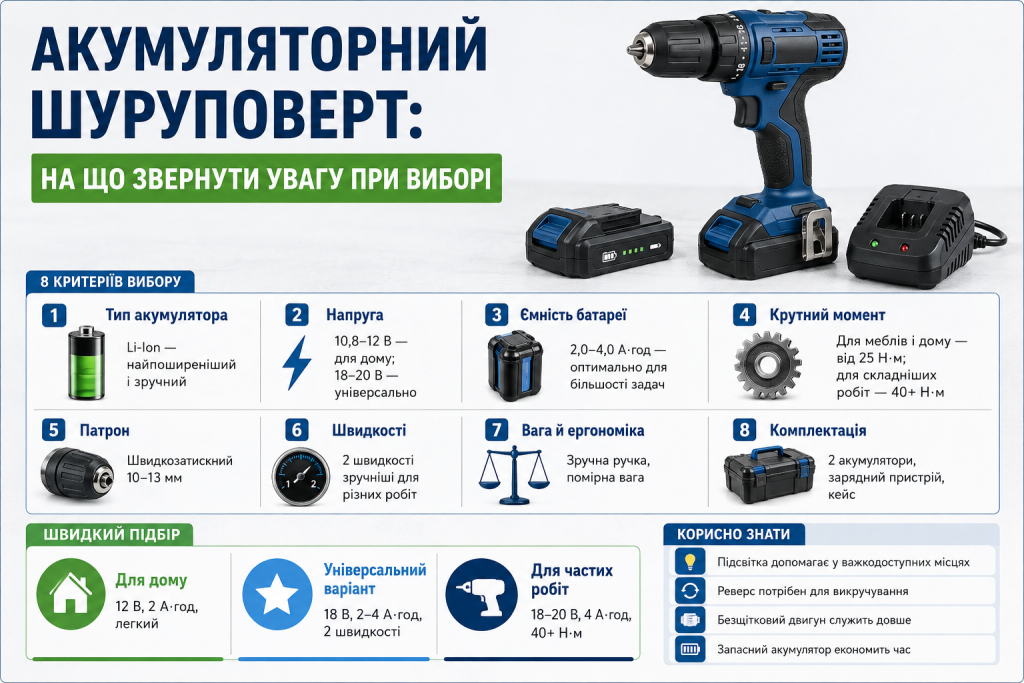 Інфографіка про вибір акумуляторного шуруповерта за напругою, ємністю батареї, крутним моментом, патроном, швидкістю та комплектацією