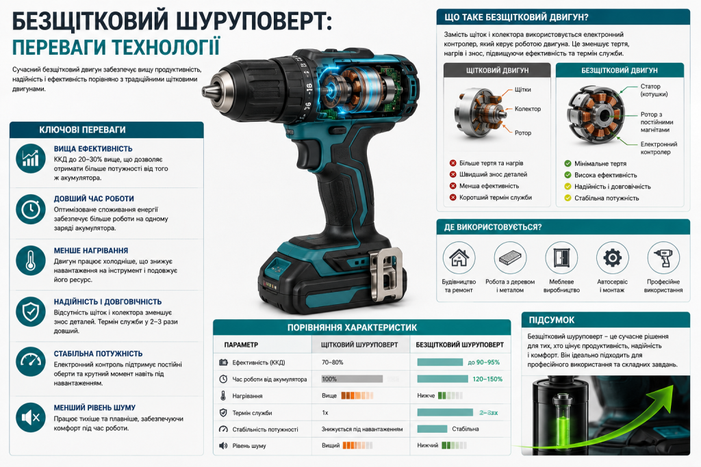 Інфографіка про безщітковий шуруповерт, будову двигуна, переваги, ефективність, довговічність і сфери застосування