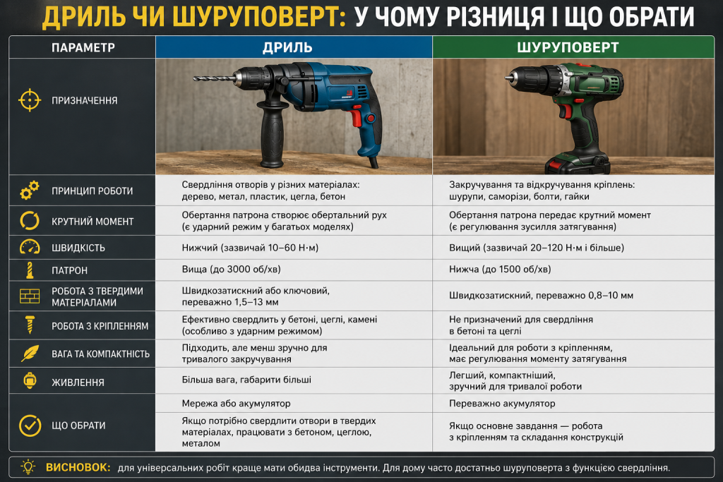 Порівняльна таблиця дриля і шуруповерта за призначенням, швидкістю, крутним моментом, живленням та сферою використання