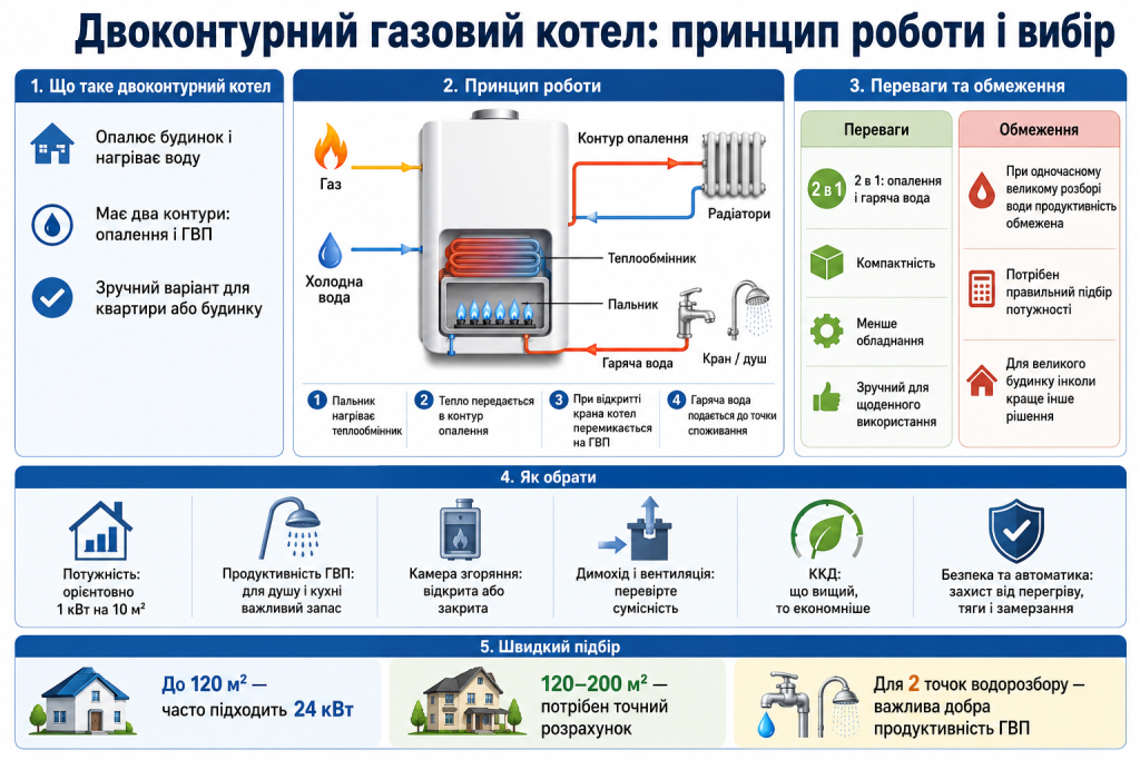 Інфографіка про принцип роботи двоконтурного газового котла, контури опалення і гарячої води, переваги та критерії вибору