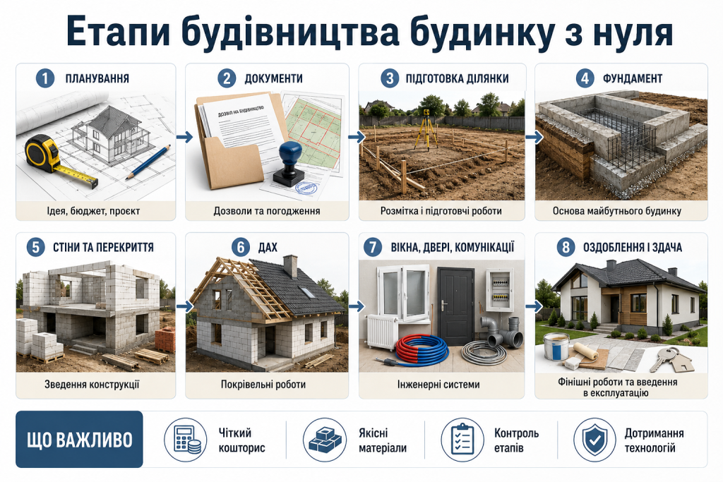 Інфографіка з основними етапами будівництва приватного будинку від планування і фундаменту до оздоблення та введення в експлуатацію