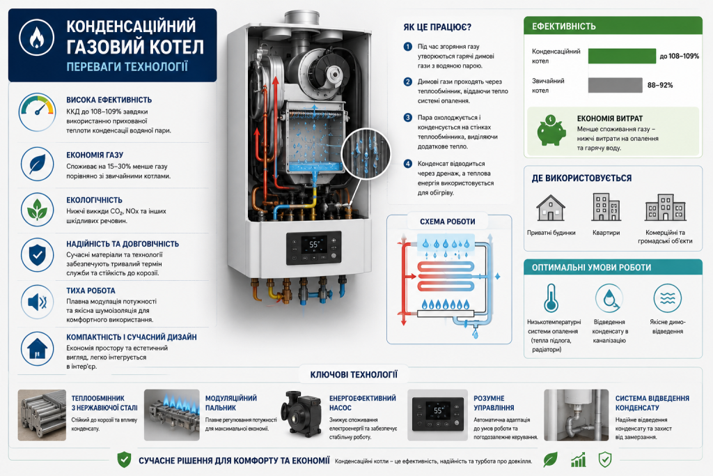 Інфографіка про принцип роботи конденсаційного газового котла, його ефективність, економію газу та особливості відведення конденсату