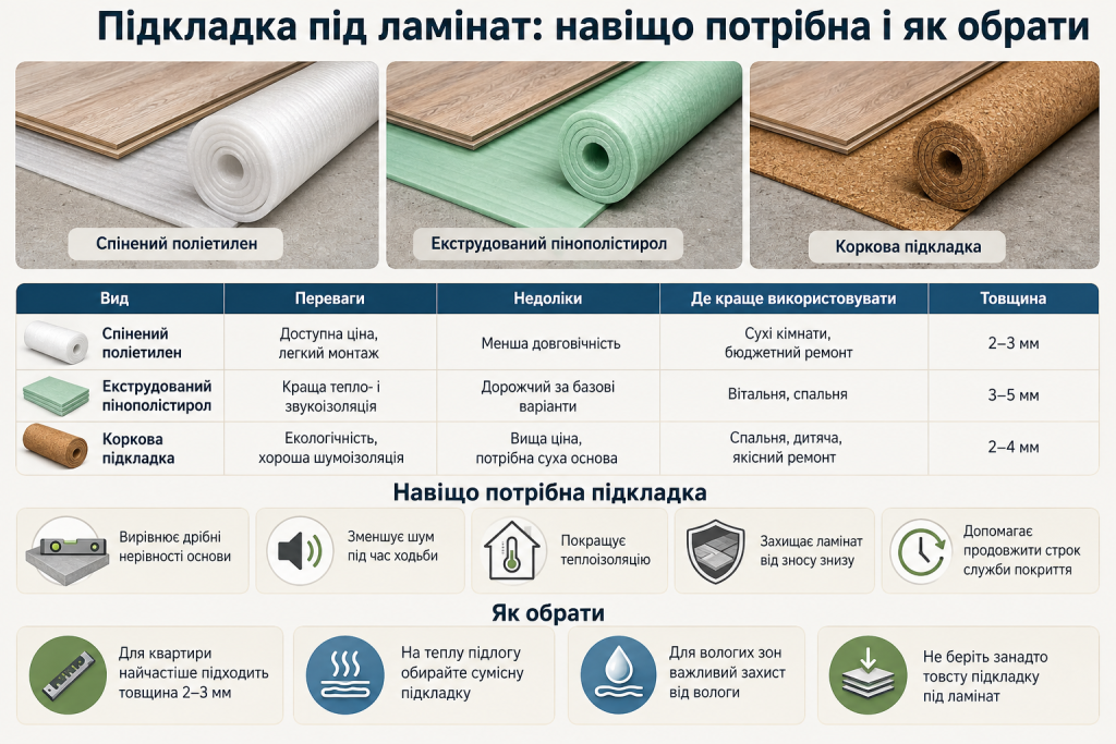 Інфографіка про підкладку під ламінат з порівнянням спіненого поліетилену, пінополістиролу та коркової підкладки