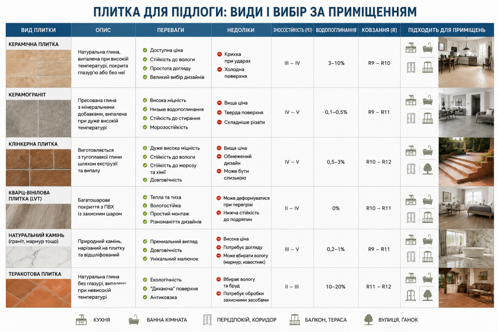 Порівняльна таблиця видів плитки для підлоги з характеристиками кераміки, керамограніту, клінкеру, кварц-вінілу, каменю та теракоти