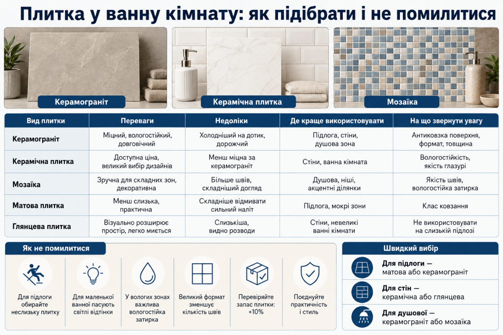 Інфографіка про вибір плитки для ванної кімнати з порівнянням керамограніту, керамічної плитки, мозаїки, матових і глянцевих покриттів