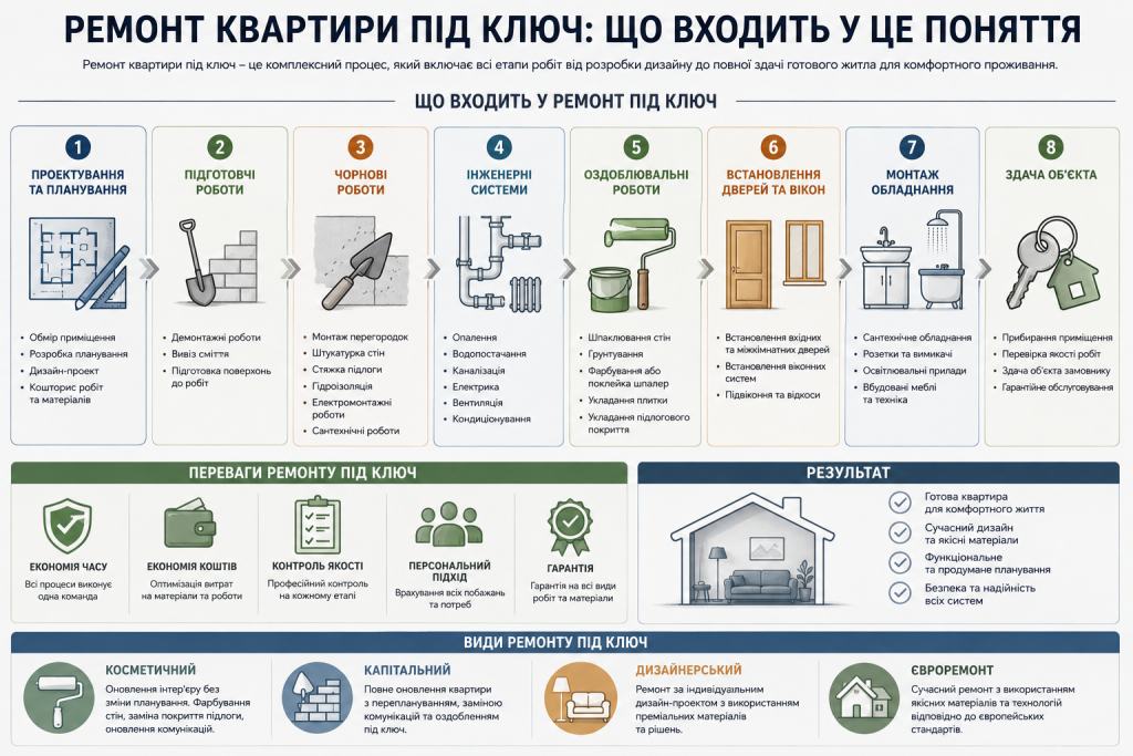 Інфографіка про ремонт квартири під ключ від проєктування та чорнових робіт до монтажу обладнання і здачі готового об’єкта