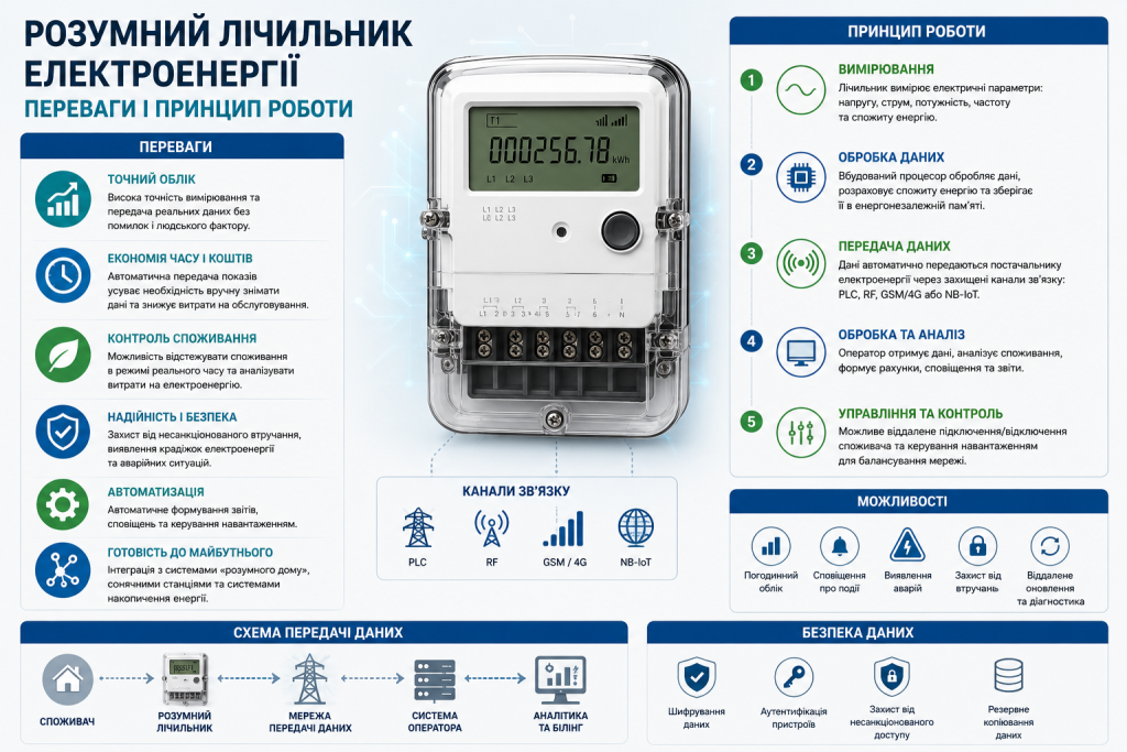 Інфографіка про розумний електролічильник, автоматичну передачу даних, контроль споживання, безпеку та дистанційне керування