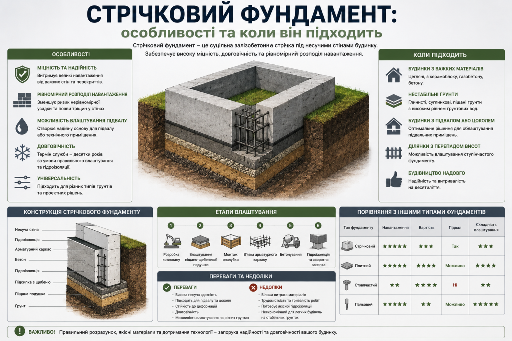 Інфографіка про конструкцію стрічкового фундаменту, його переваги, етапи монтажу, недоліки та сфери застосування