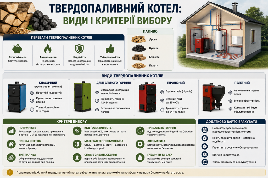 Інфографіка про види твердопаливних котлів, типи палива, переваги та ключові критерії вибору для опалення будинку