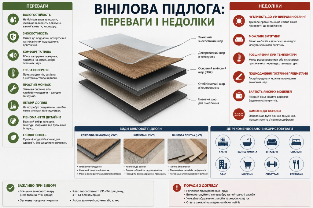 Інфографіка про вінілову підлогу з будовою покриття, перевагами, недоліками, видами та рекомендаціями щодо використання