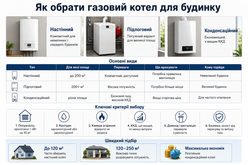 Інфографіка про вибір газового котла для будинку з порівнянням настінних, підлогових і конденсаційних моделей