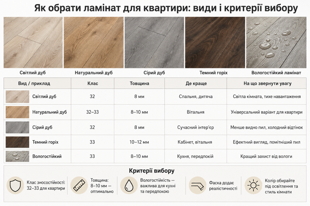 Інфографіка про вибір ламінату для квартири за класом зносостійкості, товщиною, вологостійкістю, кольором і типом покриття