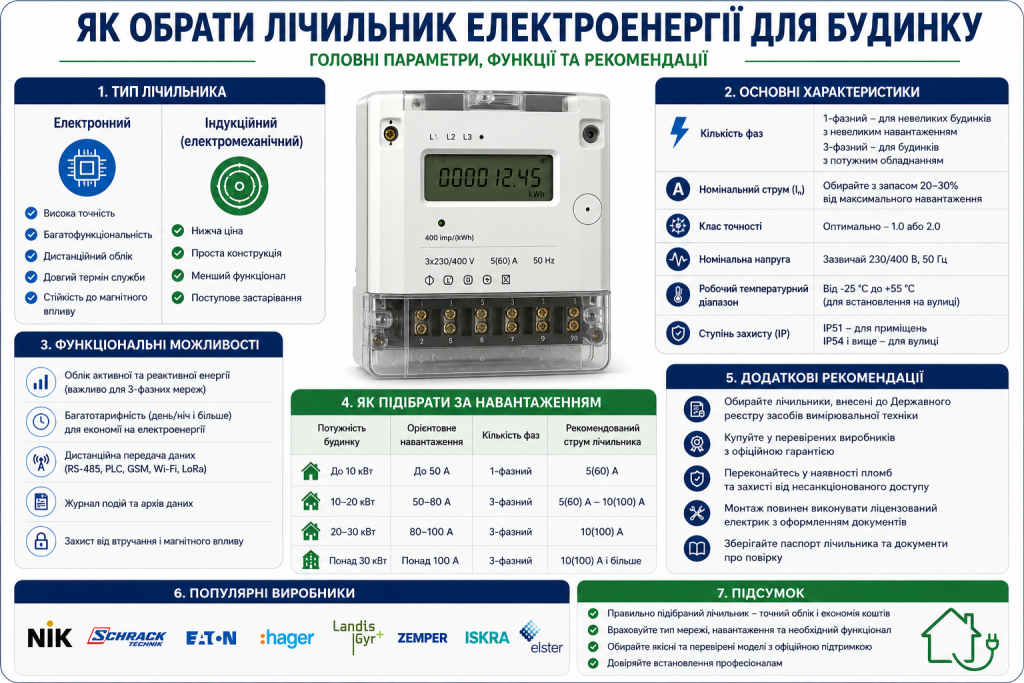 Інфографіка про вибір електролічильника для приватного будинку за кількістю фаз, струмом, класом точності, функціями та типом приладу