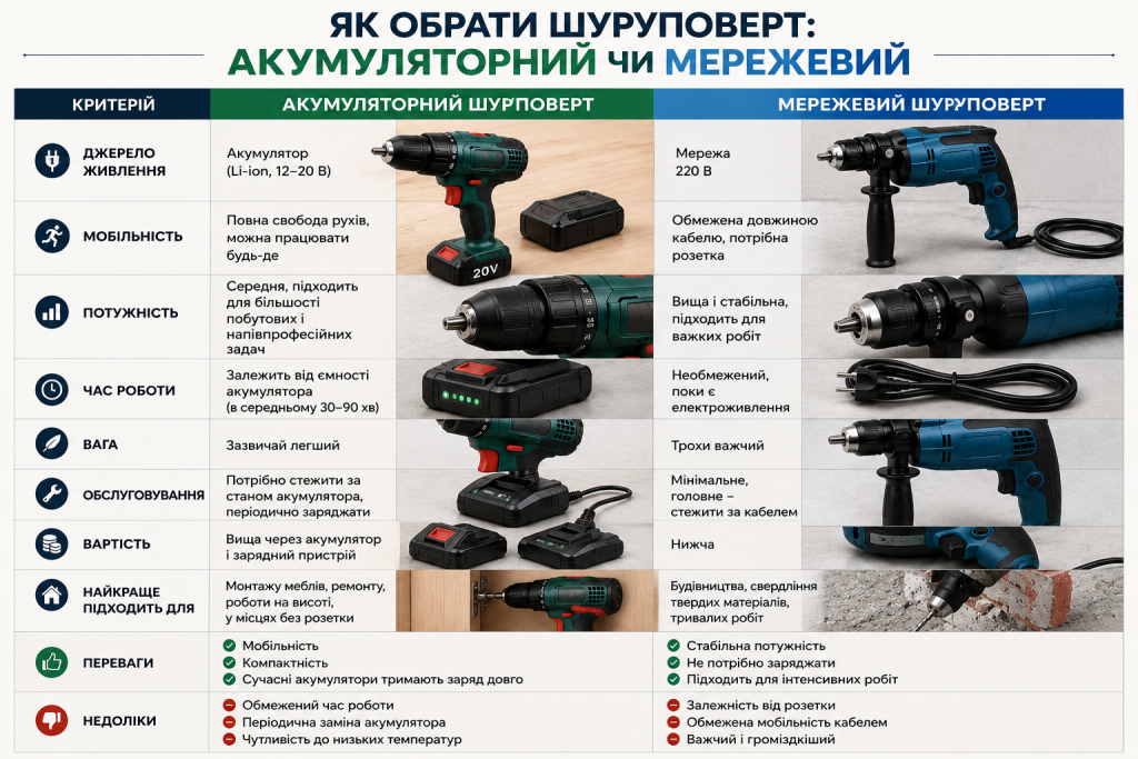 Порівняльна інфографіка акумуляторного та мережевого шуруповерта за потужністю, мобільністю, вагою, ціною та сферою використання