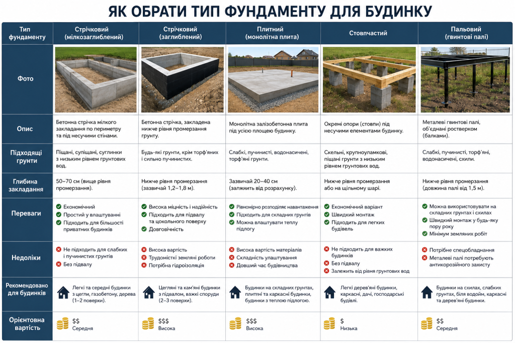 Порівняльна таблиця типів фундаменту для приватного будинку зі стрічковим, плитним, стовпчастим і пальовим варіантами
