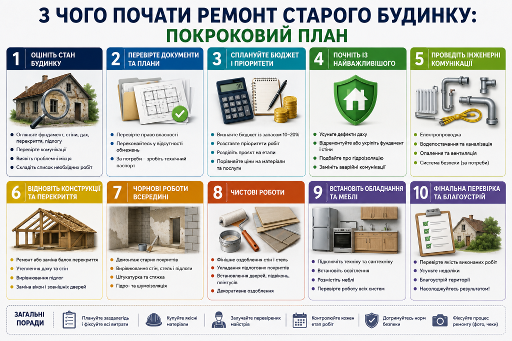 Інфографіка з покроковим планом ремонту старого будинку від оцінки стану та бюджету до інженерних систем, оздоблення і фінальної перевірки